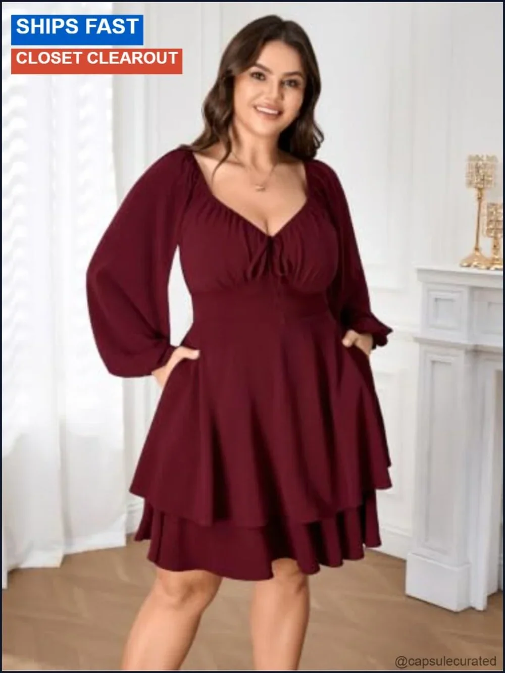Women's Plus Size Long Sleeve Tiered Mini Dress Sweetheart Neck A-Line